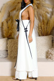 White Casual Patchwork Bow Decor Deep V Neck Sleeveless Two Pieces