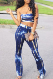 Blue Casual Tie Dye Patchwork Strapless Sleeveless Two Pieces