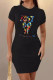 Black Sexy Print Patchwork O Neck Wrapped Skirt Dresses
