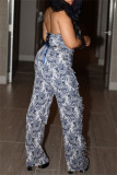 Blue Sexy Casual Flowers Fringed Trim Lace Up Backless Strapless Sleeveless Two Pieces