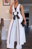 White Casual Patchwork Bow Decor Deep V Neck Sleeveless Two Pieces