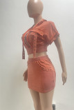 Pink Casual Solid Color Buttons Zipper Patchwork Zipper Collar Short Sleeve Two Pieces