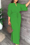 Orange Red Casual Solid Color Slit V Neck Long Dresses