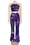 Blue Casual Tie Dye Patchwork Strapless Sleeveless Two Pieces