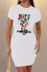 White Sexy Print Patchwork O Neck Wrapped Skirt Dresses