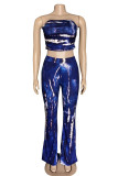 Blue Casual Tie Dye Patchwork Strapless Sleeveless Two Pieces