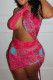 Red Sexy Print Hollow Out Patchwork Halter Wrapped Skirt Dresses
