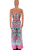 Blue Sexy Print Patchwork Spaghetti Strap Sleeveless Two Pieces
