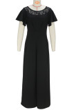 Black Casual Solid Color Lace Zipper Patchwork O Neck Loose Jumpsuits