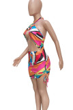 Silver Gray Sexy Print Hollow Out Patchwork Halter Wrapped Skirt Dresses