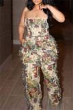 Blue Sexy Casual Flowers Fringed Trim Lace Up Backless Strapless Sleeveless Two Pieces