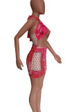 Silver Gray Sexy Print Hollow Out Patchwork Halter Wrapped Skirt Dresses