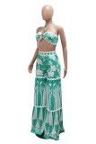 Cyan Sexy Casual Floral Print Lace Up Backless Strapless Sleeveless Two Pieces