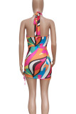 Silver Gray Sexy Print Hollow Out Patchwork Halter Wrapped Skirt Dresses