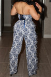 Blue Sexy Casual Flowers Fringed Trim Lace Up Backless Strapless Sleeveless Two Pieces