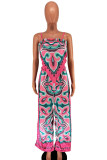Blue Sexy Print Patchwork Spaghetti Strap Sleeveless Two Pieces
