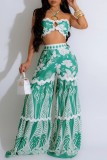 Cyan Sexy Casual Floral Print Lace Up Backless Strapless Sleeveless Two Pieces