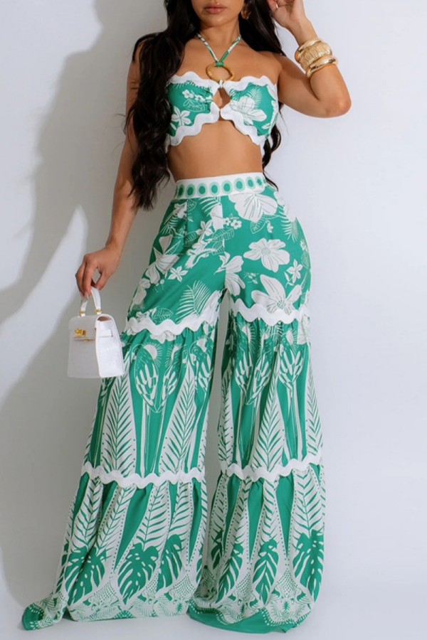 Cyan Sexy Casual Floral Print Lace Up Backless Strapless Sleeveless Two Pieces