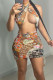 Brown Sexy Print Hollow Out Patchwork Halter Wrapped Skirt Dresses