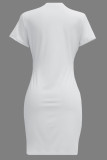 White Casual Print Patchwork O Neck Wrapped Skirt Dresses