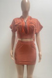 Pink Casual Solid Color Buttons Zipper Patchwork Zipper Collar Short Sleeve Two Pieces