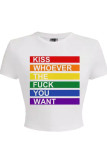 White Sexy Print Patchwork O Neck T-Shirts