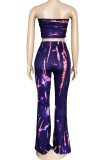 Blue Casual Tie Dye Patchwork Strapless Sleeveless Two Pieces