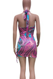 Silver Gray Sexy Print Hollow Out Patchwork Halter Wrapped Skirt Dresses