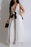 White Casual Patchwork Bow Decor Deep V Neck Sleeveless Two Pieces