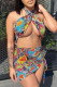 Multicolor Sexy Print Hollow Out Patchwork Halter Wrapped Skirt Dresses