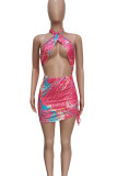 Silver Gray Sexy Print Hollow Out Patchwork Halter Wrapped Skirt Dresses