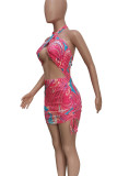 Silver Gray Sexy Print Hollow Out Patchwork Halter Wrapped Skirt Dresses
