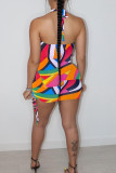 Silver Gray Sexy Print Hollow Out Patchwork Halter Wrapped Skirt Dresses