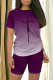 Purple Casual Daily Gradient Print Letter Print Contrast O Neck Short Sleeve Two Pieces