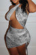 Silver Gray Sexy Print Hollow Out Patchwork Halter Wrapped Skirt Dresses