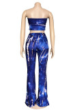 Blue Casual Tie Dye Patchwork Strapless Sleeveless Two Pieces