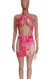 Silver Gray Sexy Print Hollow Out Patchwork Halter Wrapped Skirt Dresses