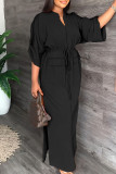 Orange Red Casual Solid Color Slit V Neck Long Dresses