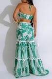 Cyan Sexy Casual Floral Print Lace Up Backless Strapless Sleeveless Two Pieces