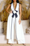 White Casual Patchwork Bow Decor Deep V Neck Sleeveless Two Pieces