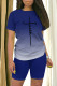 Blue Casual Daily Gradient Print Letter Print Contrast O Neck Short Sleeve Two Pieces