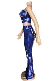 Blue Casual Tie Dye Patchwork Strapless Sleeveless Two Pieces
