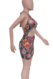Silver Gray Sexy Print Hollow Out Patchwork Halter Wrapped Skirt Dresses