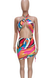Silver Gray Sexy Print Hollow Out Patchwork Halter Wrapped Skirt Dresses