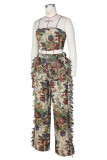 Blue Sexy Casual Flowers Fringed Trim Lace Up Backless Strapless Sleeveless Two Pieces