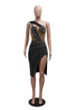 Black Sexy Drilling Patchwork Hollow Out See-Through Backless Slit Oblique Collar Wrapped Dresses