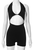 Black Sexy Solid Color Hollow Out Backless Patchwork Halter Skinny Rompers
