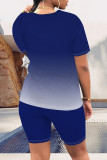 Blue Casual Daily Gradient Print Letter Print Contrast O Neck Short Sleeve Two Pieces