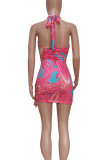 Silver Gray Sexy Print Hollow Out Patchwork Halter Wrapped Skirt Dresses
