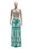Cyan Sexy Casual Floral Print Lace Up Backless Strapless Sleeveless Two Pieces